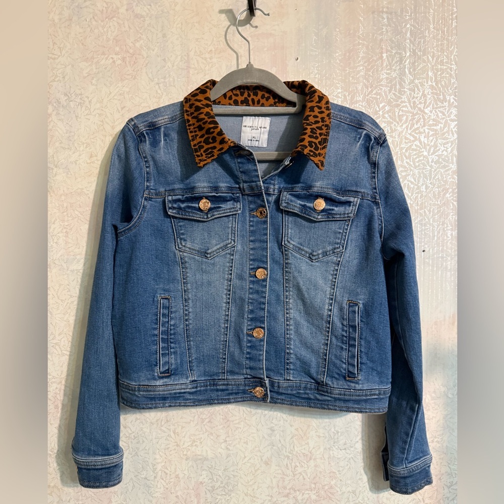 Celebrity Pink Kids Jean Jacket With Cheetah Print Collar. Stylish And Versatile